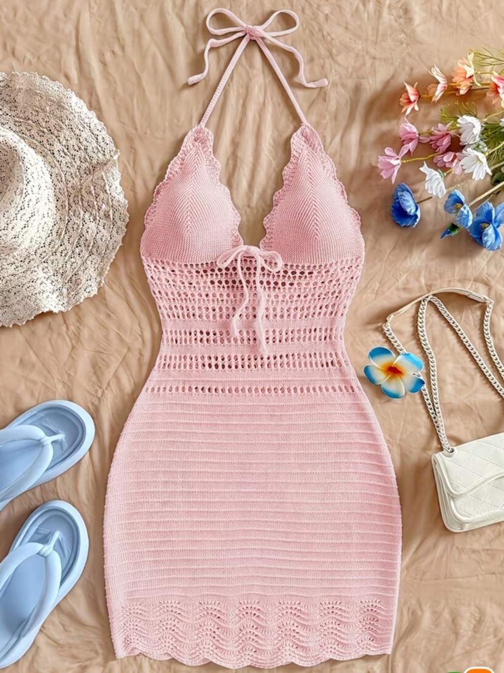 Affordable Fashion Finds Pink Crochet Halter Bodycon Dress